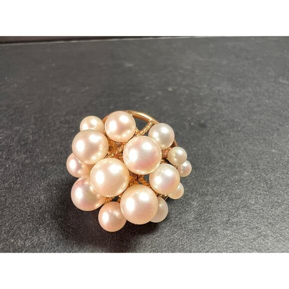 Vintage 14K Gold Cluster Pearl Cocktail Ring – Mid Century Dome Design- size 6 - Picture 15 of 16